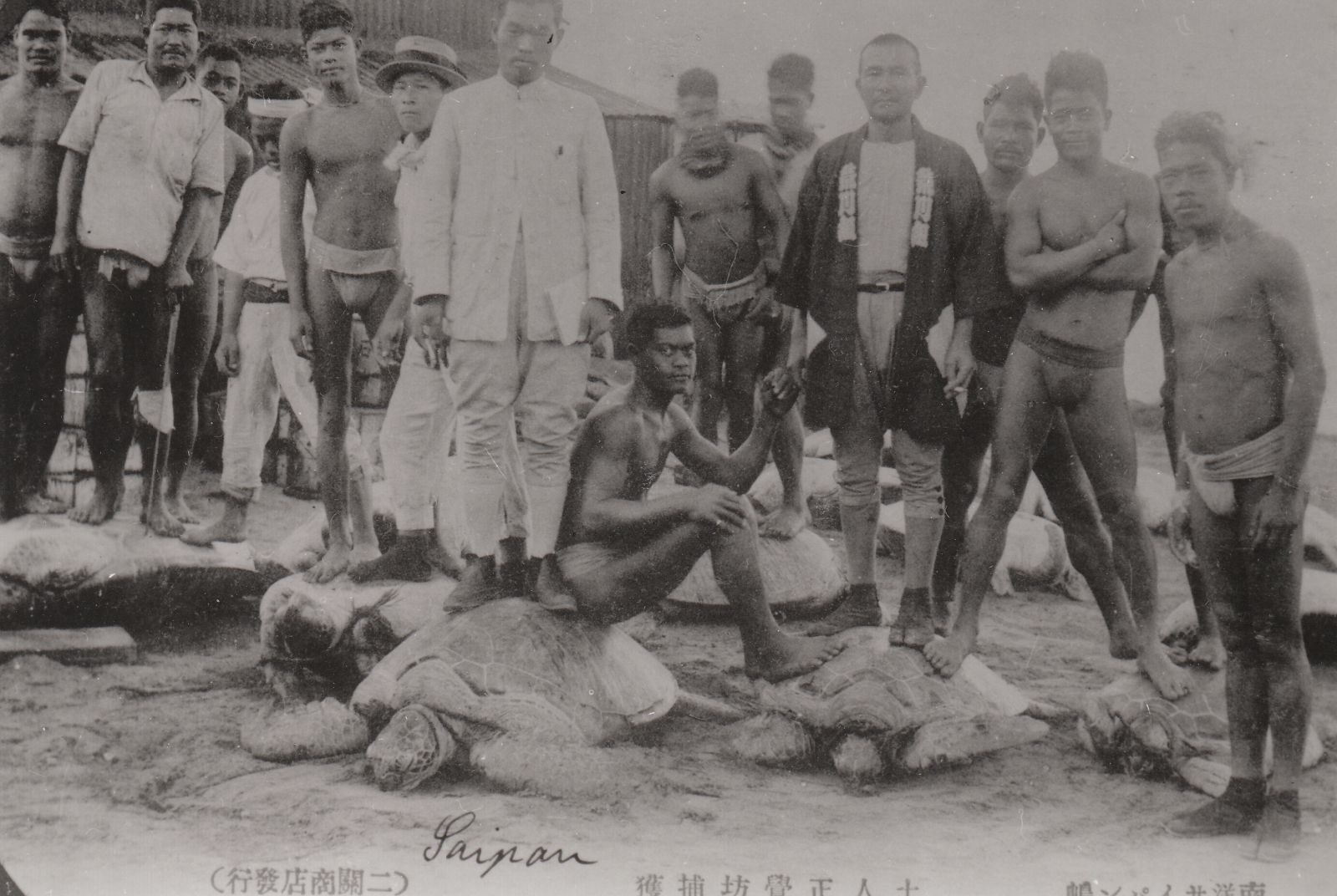 Several men stand over a catch of large sea turtles they hunted, some in loincloths, some in Japanese happi.