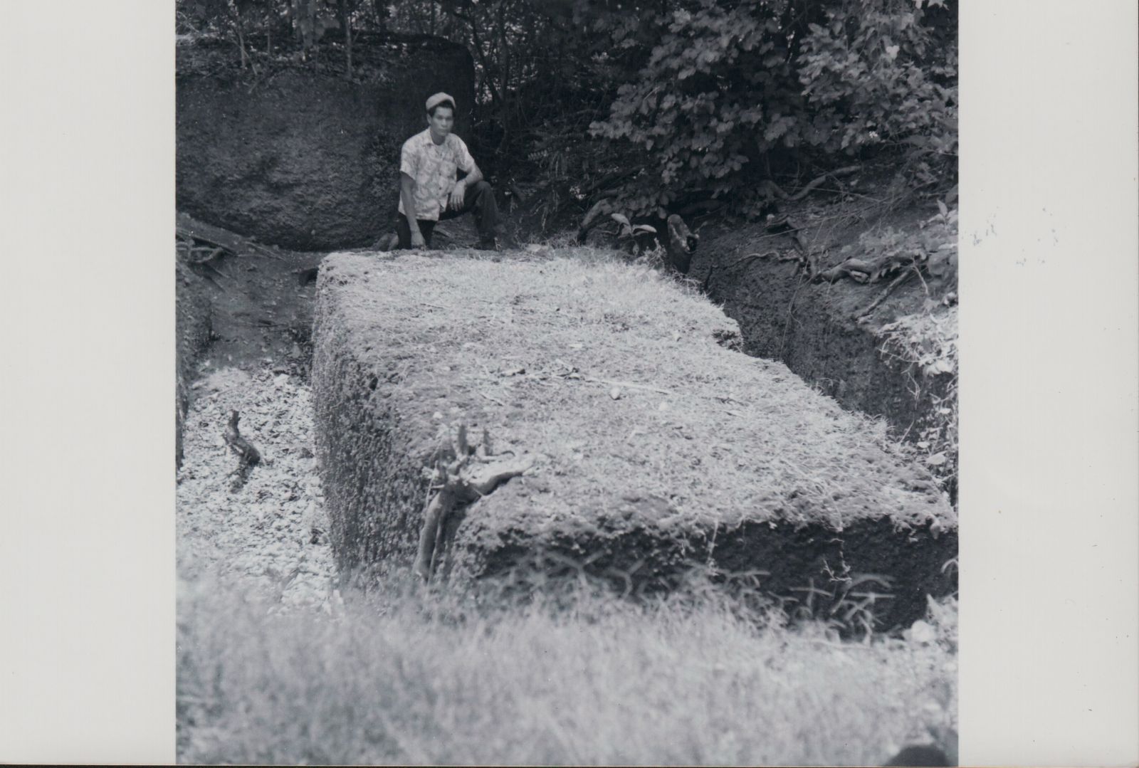 A man stands over the haligi or column of an ancient latte stone still lying in the hole where it was quarried with the tasa or crown of the column behind the man.